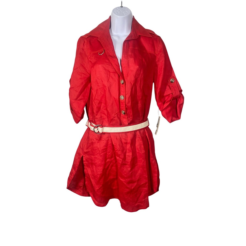 Zara‎ Basic Shirt Dress Women M Red Belted Roll Tab Sleeve Utility 5934/024/600